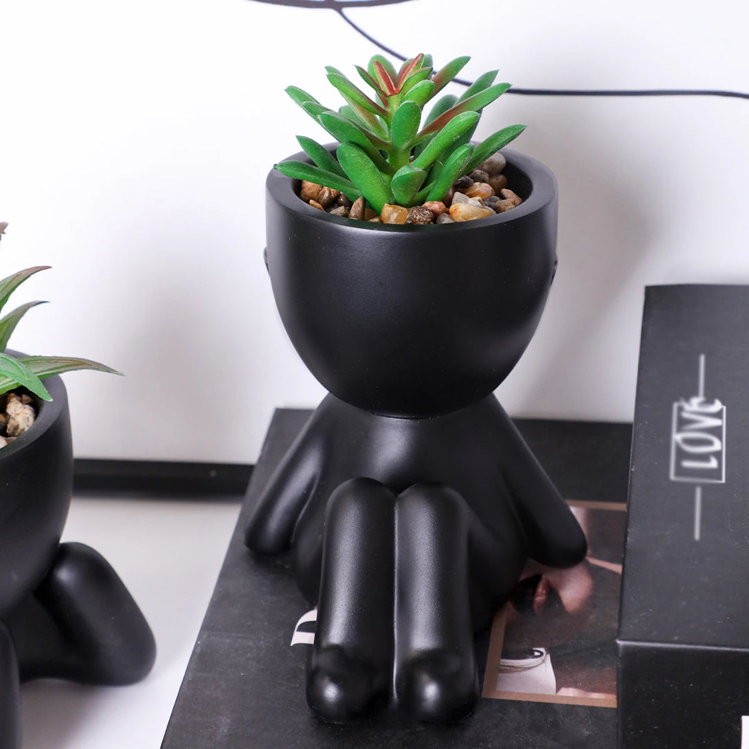 3pcs decorateur chambre plantes artificielles en pots, petites plantes dans de mignons pots en céramique en forme d’homme, mini succulentes en pot pour salle de bain, chambre à coucher, rebord de fenêtre bureau décor, noir - CHiCLiKi