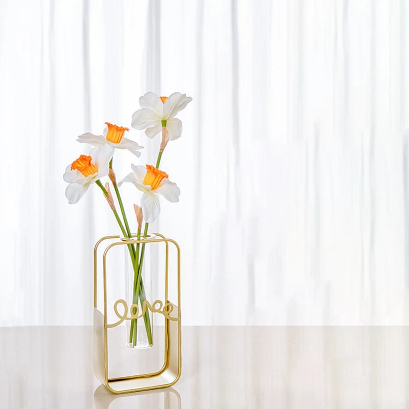 Vase à Fleurs avec Support en Métal, Vase en Verre Géométrique - CHiCLiKi