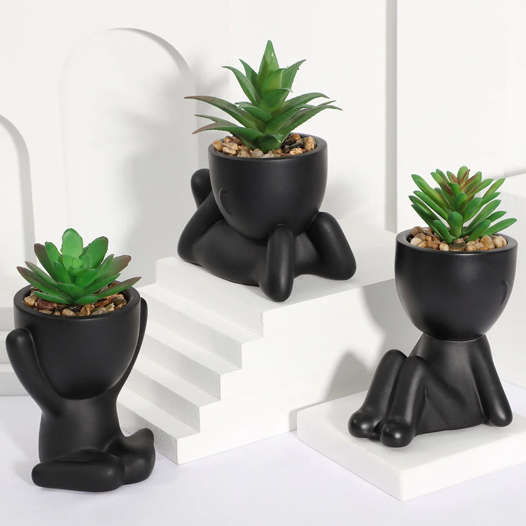 3pcs decorateur chambre plantes artificielles en pots, petites plantes dans de mignons pots en céramique en forme d’homme, mini succulentes en pot pour salle de bain, chambre à coucher, rebord de fenêtre bureau décor, noir - CHiCLiKi