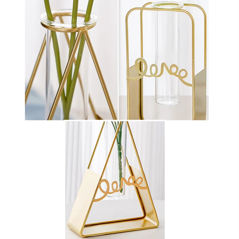 Vase à Fleurs avec Support en Métal, Vase en Verre Géométrique - CHiCLiKi
