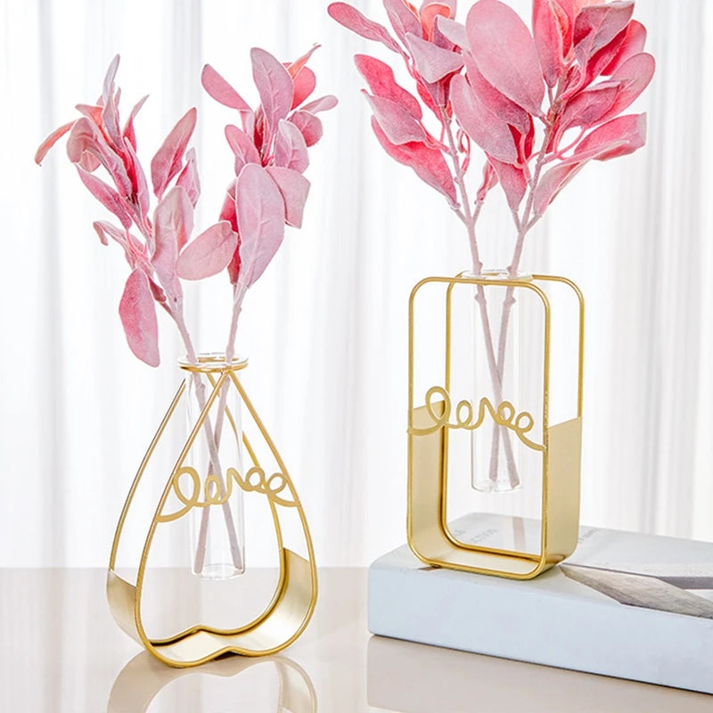 Vase à Fleurs avec Support en Métal, Vase en Verre Géométrique - CHiCLiKi