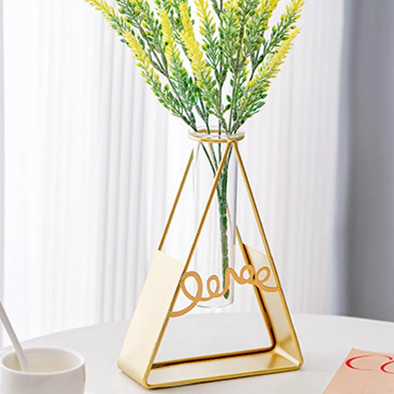 Vase à Fleurs avec Support en Métal, Vase en Verre Géométrique - CHiCLiKi