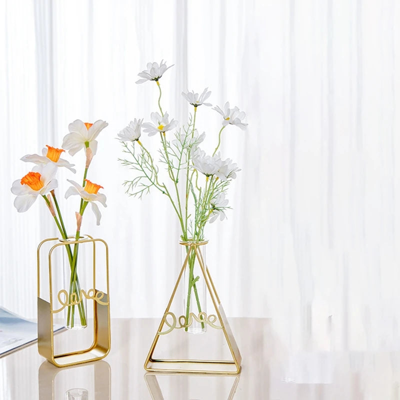 Vase à Fleurs avec Support en Métal, Vase en Verre Géométrique - CHiCLiKi