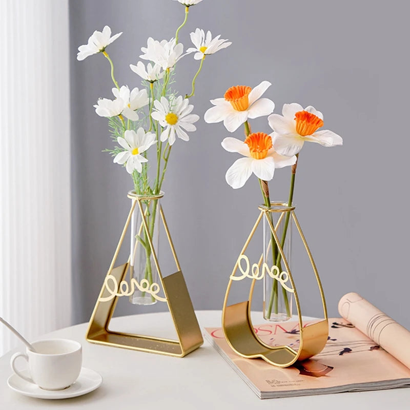 Vase à Fleurs avec Support en Métal, Vase en Verre Géométrique - CHiCLiKi