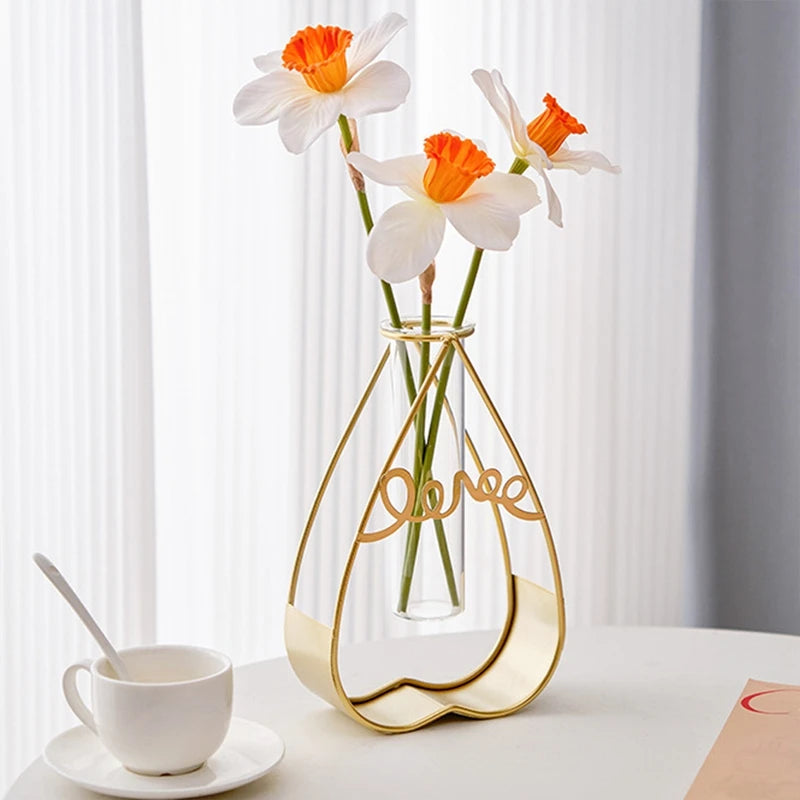 Vase à Fleurs avec Support en Métal, Vase en Verre Géométrique - CHiCLiKi