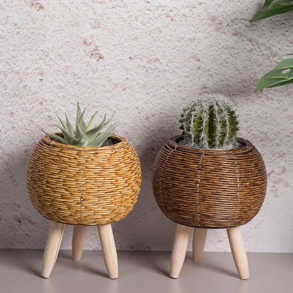 Pot de fleur tissé en rotin de mode Jardinières de fleurs créatives avec pieds amovibles Support de plante tissé à la main durable - CHiCLiKi