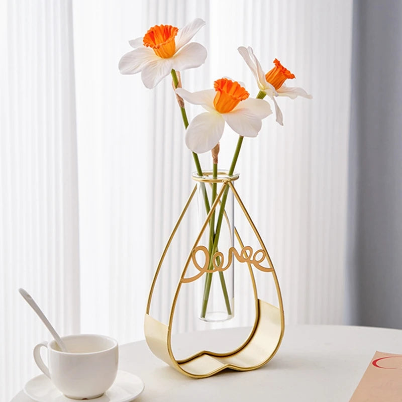 Vase à Fleurs avec Support en Métal, Vase en Verre Géométrique - CHiCLiKi