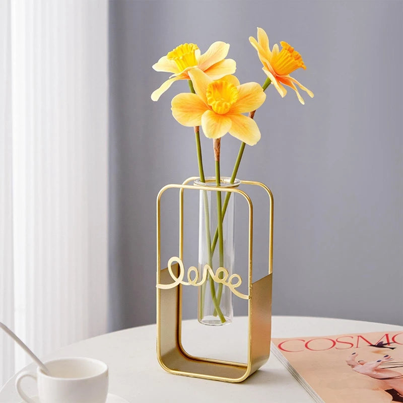 Vase à Fleurs avec Support en Métal, Vase en Verre Géométrique - CHiCLiKi