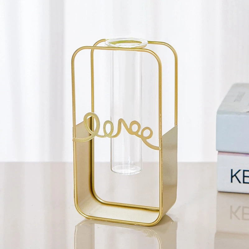 Vase à Fleurs avec Support en Métal, Vase en Verre Géométrique - CHiCLiKi
