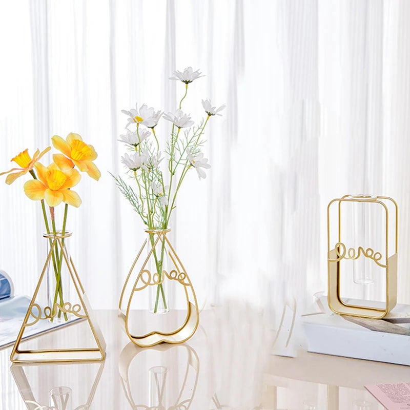 Vase à Fleurs avec Support en Métal, Vase en Verre Géométrique - CHiCLiKi