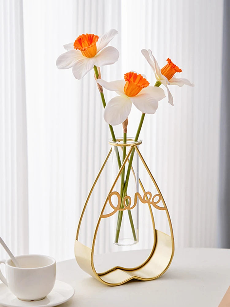 Vase à Fleurs avec Support en Métal, Vase en Verre Géométrique - CHiCLiKi