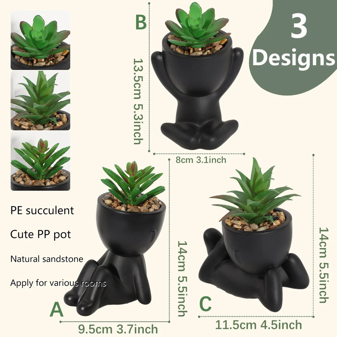 3pcs decorateur chambre plantes artificielles en pots, petites plantes dans de mignons pots en céramique en forme d’homme, mini succulentes en pot pour salle de bain, chambre à coucher, rebord de fenêtre bureau décor, noir - CHiCLiKi