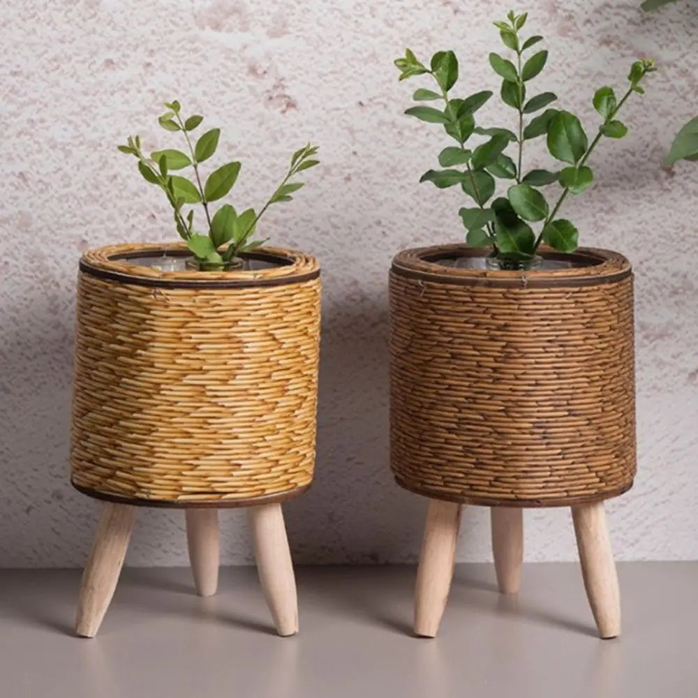 Pot de fleur tissé en rotin de mode Jardinières de fleurs créatives avec pieds amovibles Support de plante tissé à la main durable - CHiCLiKi