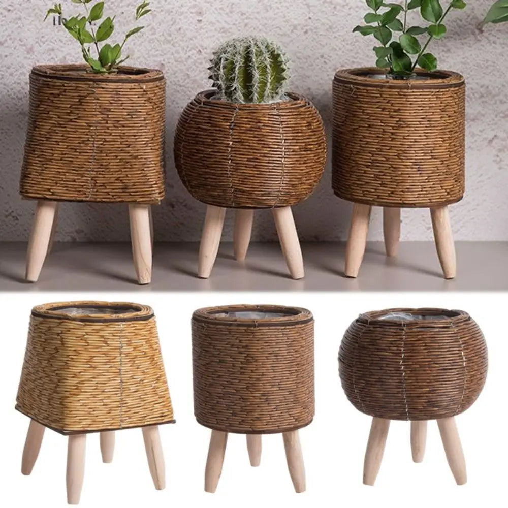 Pot de fleur tissé en rotin de mode Jardinières de fleurs créatives avec pieds amovibles Support de plante tissé à la main durable - CHiCLiKi