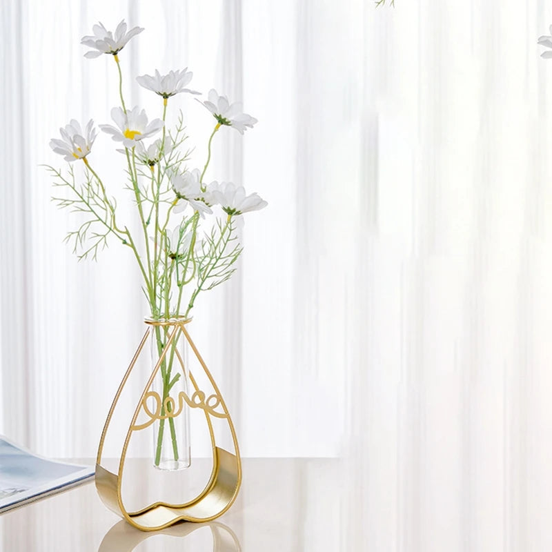 Vase à Fleurs avec Support en Métal, Vase en Verre Géométrique - CHiCLiKi