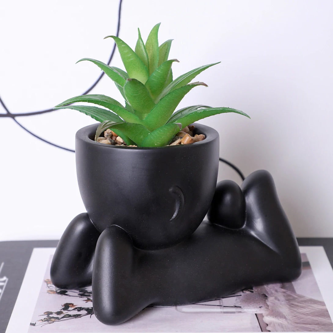 3pcs decorateur chambre plantes artificielles en pots, petites plantes dans de mignons pots en céramique en forme d’homme, mini succulentes en pot pour salle de bain, chambre à coucher, rebord de fenêtre bureau décor, noir - CHiCLiKi