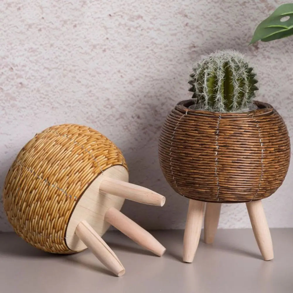 Pot de fleur tissé en rotin de mode Jardinières de fleurs créatives avec pieds amovibles Support de plante tissé à la main durable - CHiCLiKi