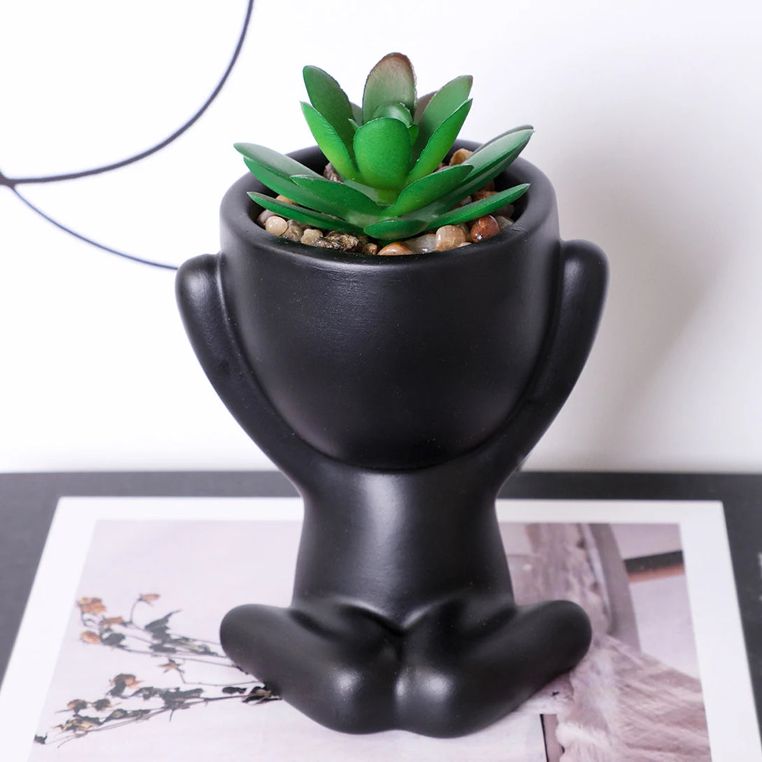 3pcs decorateur chambre plantes artificielles en pots, petites plantes dans de mignons pots en céramique en forme d’homme, mini succulentes en pot pour salle de bain, chambre à coucher, rebord de fenêtre bureau décor, noir - CHiCLiKi