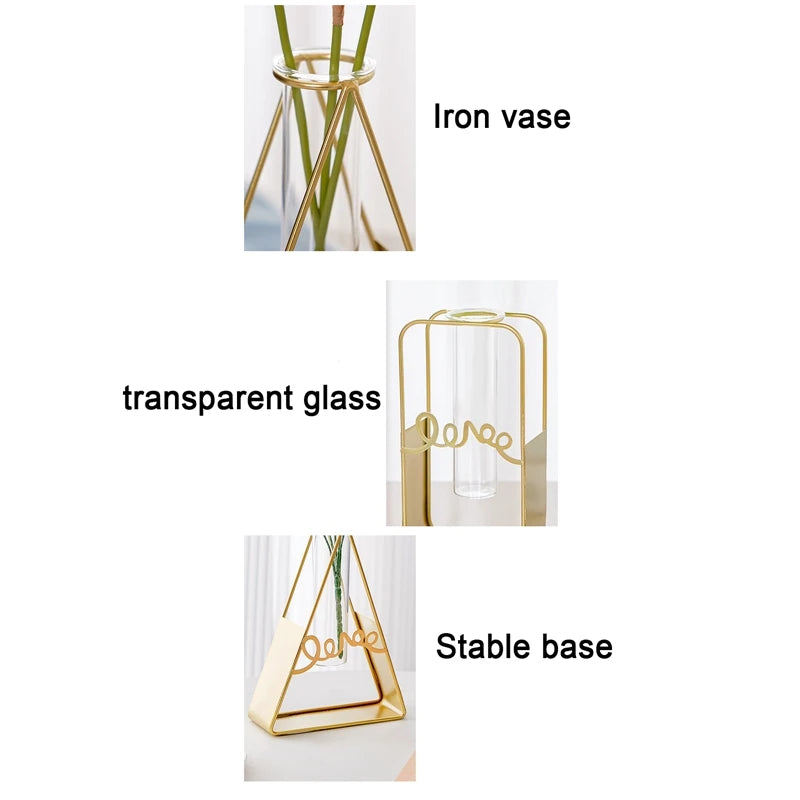 Vase à Fleurs avec Support en Métal, Vase en Verre Géométrique - CHiCLiKi