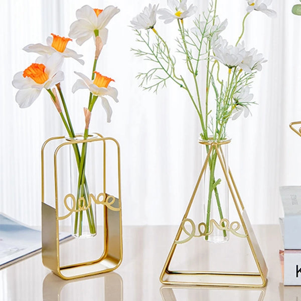 Vase à Fleurs avec Support en Métal, Vase en Verre Géométrique - CHiCLiKi