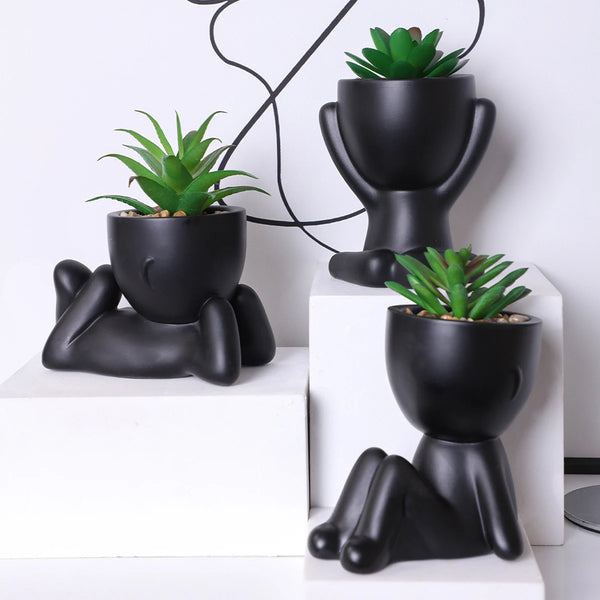 3pcs decorateur chambre plantes artificielles en pots, petites plantes dans de mignons pots en céramique en forme d’homme, mini succulentes en pot pour salle de bain, chambre à coucher, rebord de fenêtre bureau décor, noir - CHiCLiKi